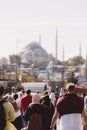 Visit Istanbul background vertical photo. People and Suleymaniye Mosque view