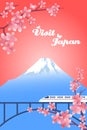 Visit Japan, travel poster. high-speed train on the background of mount Fuji.