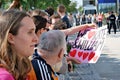 Visit of the royal couple in Warsaw. People holding Union Jack flags and flowers