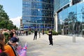 Visit of the royal couple in Warsaw. People holding Union Jack flags and flowers