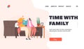Visiting Grandparent Landing Page Template. Happy Grandpa Reading Book to Grandchildren. Boy and Girl with Grandfather