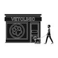 Visiting the vet clinic, the pet,dog on a leash with the hostess. Pet,dog care single icon in black style vector symbol