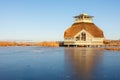 Visitor Center at Lake Hornborga with ice on the lake Royalty Free Stock Photo