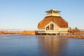 Visitor Center at Lake Hornborga with skaters on the lake Royalty Free Stock Photo