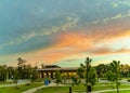 Visitor center and rest area in Georgia USA against the backdrop of a summer sunset with white, orange, blue and dark clouds in