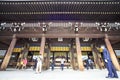 Visitor dresses up a traditional dree at Meiji-jingu shrine