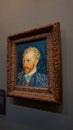 Visitor near the Self-Portrait by Vincent van Gogh painting in Museum d'Orsay in Paris, France.