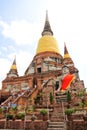 Visitor praying the sleeping buddha in the ancient temple, in Ayutthaya, Thailand Royalty Free Stock Photo