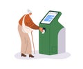 Visitor taking ticket with number at electronic queue machine with digital screen. Senior old woman at self-service