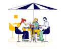 Visitors Characters Sit at Disinfected Outdoor Cafe or Restaurant Table Drinking Coffee and Communicate. Friends Meet Up