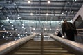 Visitors climbing up the stairs to the swiss Autosalon Genf 2019 in Geneva, Switzerland