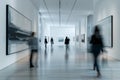 Visitors at contemporary art exhibition in museum, blurred movement of people viewing modern Royalty Free Stock Photo