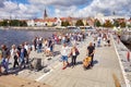 Visitors cross Oder river with military floating bridge during final of The Tall Ships Races 2017.