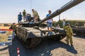 Visitors of the exhibition inspect the main tank T-72B3M