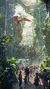 Visitors explore a vibrant, lush jungle inhabited by realistic, animated dinosaurs and dragons