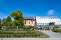 Mainau Castle. Visitors in front of church and greenhouse Mainau Island in Lake Constance, Germany