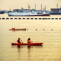 Visitors kayaking at lagoon of Siloso Beach, Sentosa Island, Singapore. Royalty Free Stock Photo