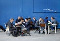 Visitors seen at lunch time during MWC19 in Barcelona