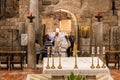 Visitors are in the main altar of Church of the Annunciation in the Nazareth city in northern Israel Royalty Free Stock Photo