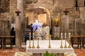 Visitors are in the main altar of Church of the Annunciation in Nazareth city in northern Israel Royalty Free Stock Photo