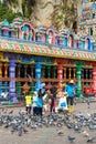 Visitors to the Batu Caves feed the wild monkeys and golbei in the square at the entrance to the temple Royalty Free Stock Photo