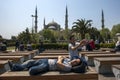 Visitors to the Blue Mosque in the Sultanahmet district of Istanbul in Turkey.