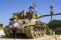 Visitors on top of a discarded Sherman Tank on HarAdar Radar Hill monument Royalty Free Stock Photo
