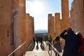 Tourists and visitors on Athens Acropolis stairway , Athens