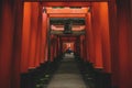 Visitors walking through tunnel of orange torii gates at Fishimi Inari Taisha shrine in Kyoto, Japan