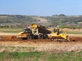 Vislock river, Poland - may 2, 2018:A dump truck is loaded with soil. Land works in the quarry of river gravel. Extraction of natu
