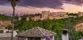 Vista de la Alhambra al anochecer desde el mirador de san Nicola Royalty Free Stock Photo