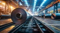 Industrial steel coils on a rail track inside a manufacturing plant. Modern factory setting with heavy machinery. High Royalty Free Stock Photo