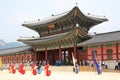 Vistiors waiting for the ceremony to change the guards at the Gyeongbokgung Palace