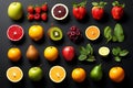A visual collage featuring a diverse assortment of fruit types