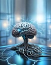 visual concept of Artificial intelligence as robot, Ai digital brains against blue lights background. machine learning and