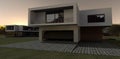 Early morning in a village. Garage is openning. Luxury architecture. 3d render.
