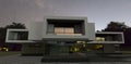 Empty newly constructed high tech house. Morning stars and lights reflected in windows. 3d render.