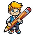 Cartoon boy smiling, holding oversized pencil. Blue eyes, blonde hair, cheerful Royalty Free Stock Photo