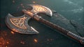 Ornate battle axe resting upon dark stone with embers floating in the air Royalty Free Stock Photo