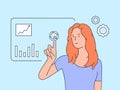 Visual data analytics diagrams concept. Young Smart business woman analyzing data on Projection Screen. Flat vector illustration Royalty Free Stock Photo
