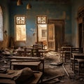 Old classroom with broken desks and chairs, peeling paint walls. Generative ai