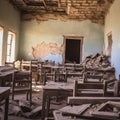 Image of old classroom with broken desks and chairs, peeling paint walls. Generative ai