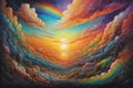 Visual depiction of an abstract blend of surreal sunset or sunrise colors and textures, indicative of landscape painting,