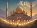 Visual depiction of a tranquil mosque backdrop with a radiant lantern, suitable for Ramadan Kareem greeting images. Created with