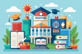 This visual displays various elements of college admissions, showcasing a university building, books, graduation caps, and Royalty Free Stock Photo
