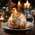 Close up shot of a Baked Alaska on fancy table.