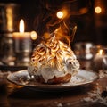 Close up shot of a Baked Alaska on fancy table.