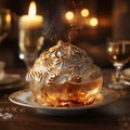 Close up shot of a Baked Alaska on fancy table.