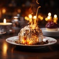 Close up shot of a Baked Alaska on fancy table.