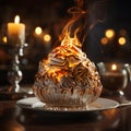 Close up shot of a Baked Alaska on fancy table.